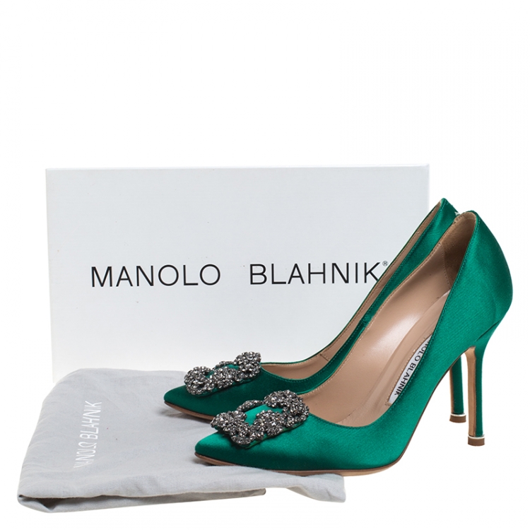 Pre Owned Manolo Blahnik Green Satin Hangisi Crystal Embellished Pumps Size 36