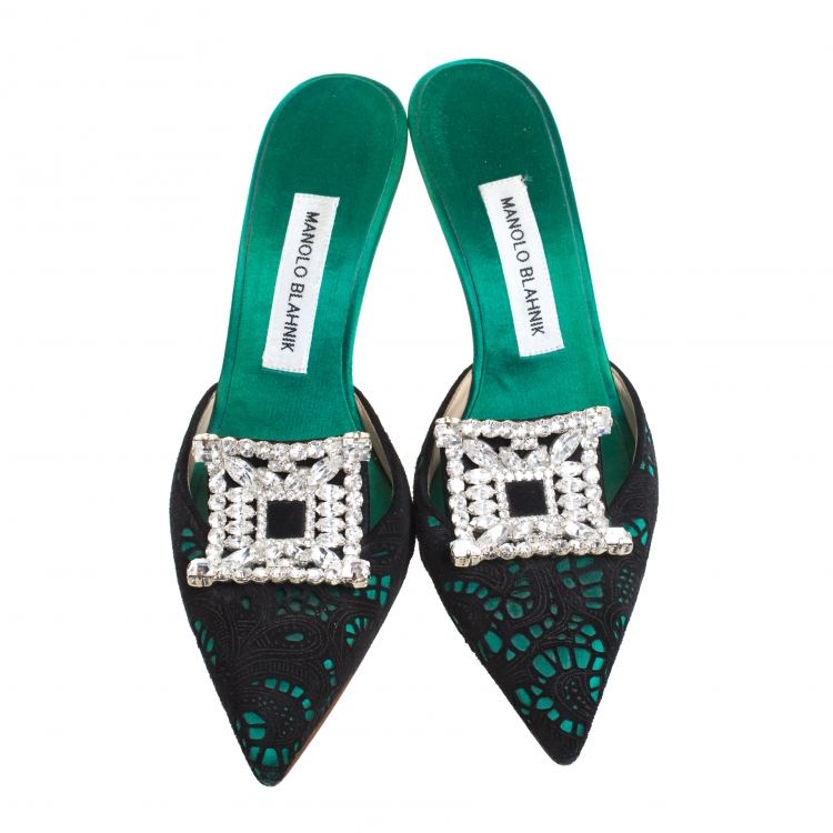 Pre Owned Manolo Blahnik Green/Black Lasercut Suede and Satin Borli Mules Size 37.5