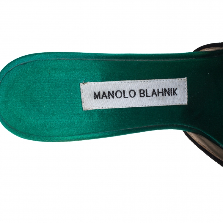 Pre Owned Manolo Blahnik Green/Black Lasercut Suede and Satin Borli Mules Size 37.5