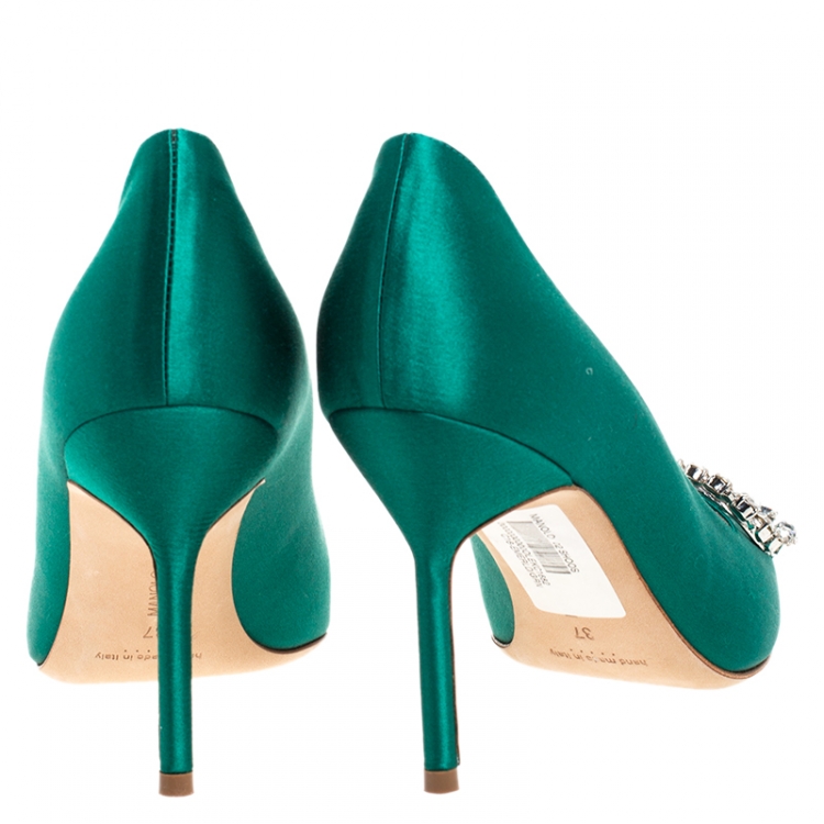 Pre Owned Manolo Blahnik Green Crystal Embellished Satin Olek Pumps Size 37