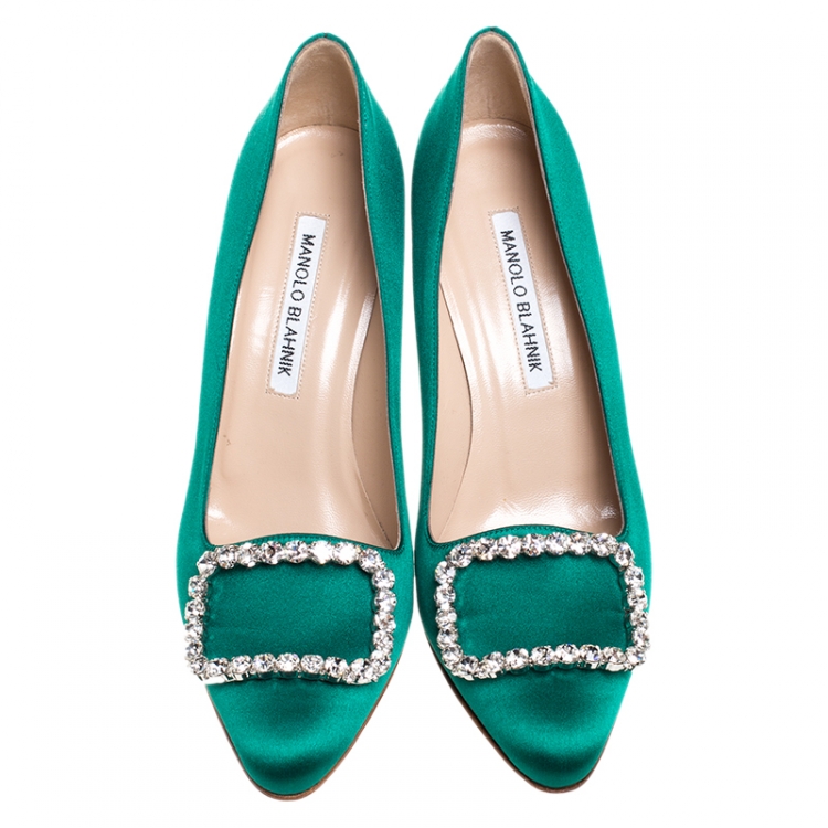 Pre Owned Manolo Blahnik Green Crystal Embellished Satin Olek Pumps Size 37