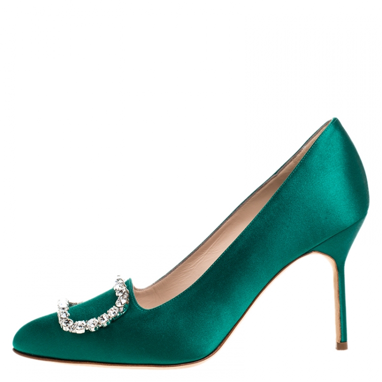 Pre Owned Manolo Blahnik Green Crystal Embellished Satin Olek Pumps Size 37