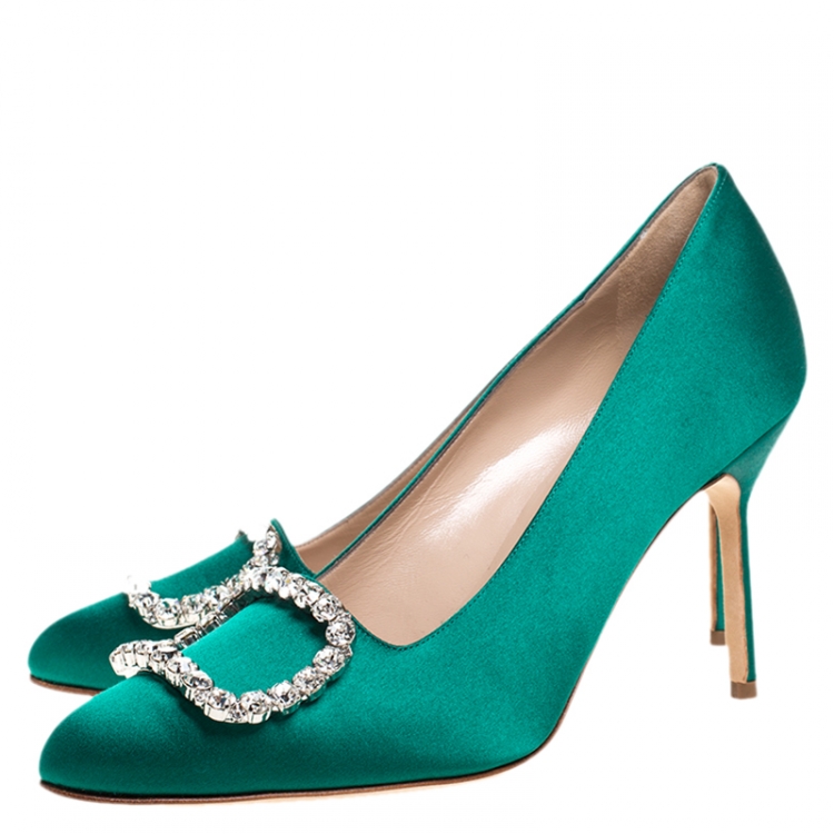 Pre Owned Manolo Blahnik Green Crystal Embellished Satin Olek Pumps Size 37