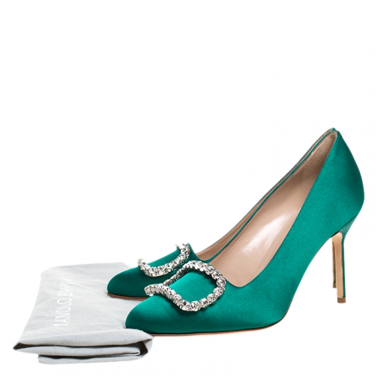 Pre Owned Manolo Blahnik Green Crystal Embellished Satin Olek Pumps Size 37