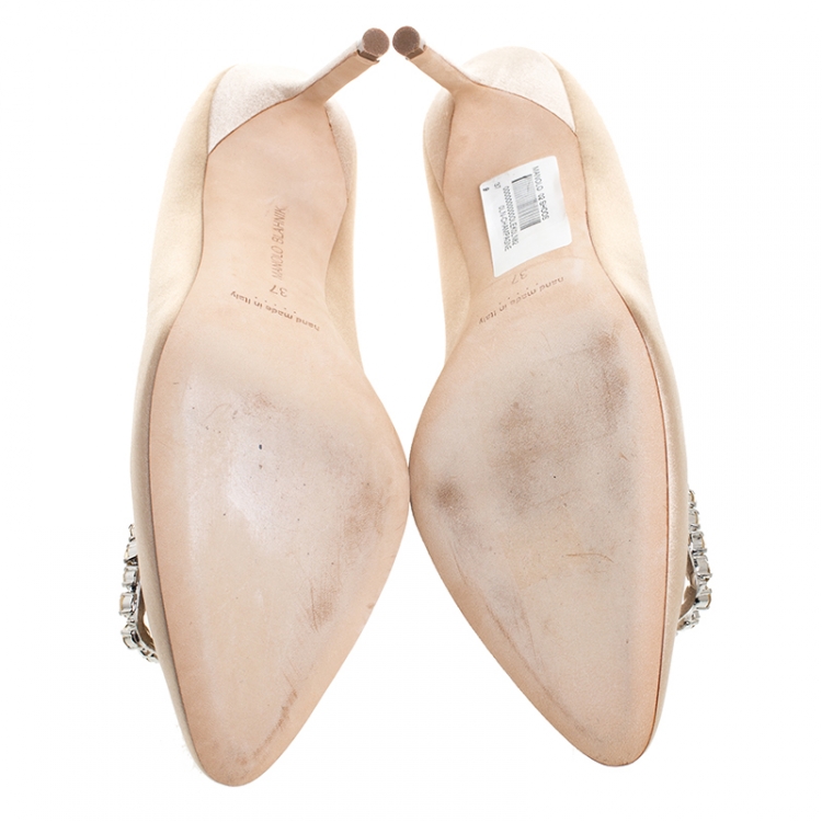Pre Owned Manolo Blahnik Beige Crystal Embellished Satin Olek Pumps Size 37