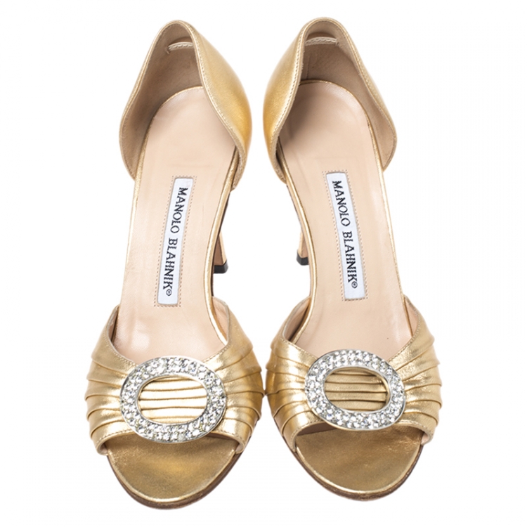 Pre Owned Manolo Blahnik Gold Leather Crystal Embellished Open Toe Sandal Size 35