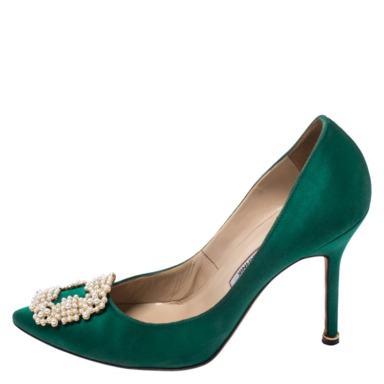 Pre Owned Manolo Blahnik Green Satin Hangisi Embellished Pointed Toe Pumps Size 38.5