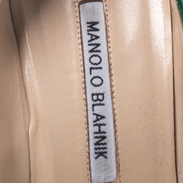 Pre Owned Manolo Blahnik Green Satin Hangisi Embellished Pointed Toe Pumps Size 38.5
