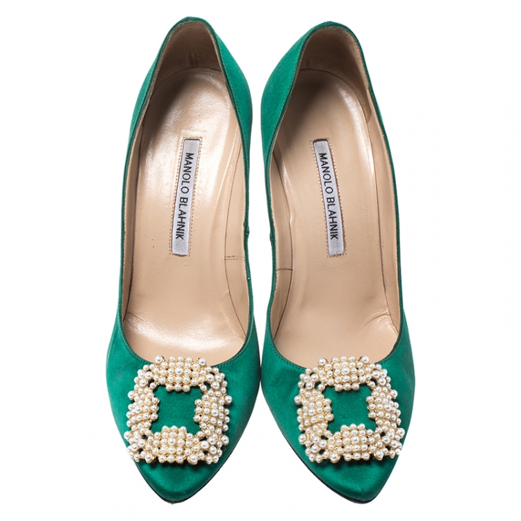 Pre Owned Manolo Blahnik Green Satin Hangisi Embellished Pointed Toe Pumps Size 38.5