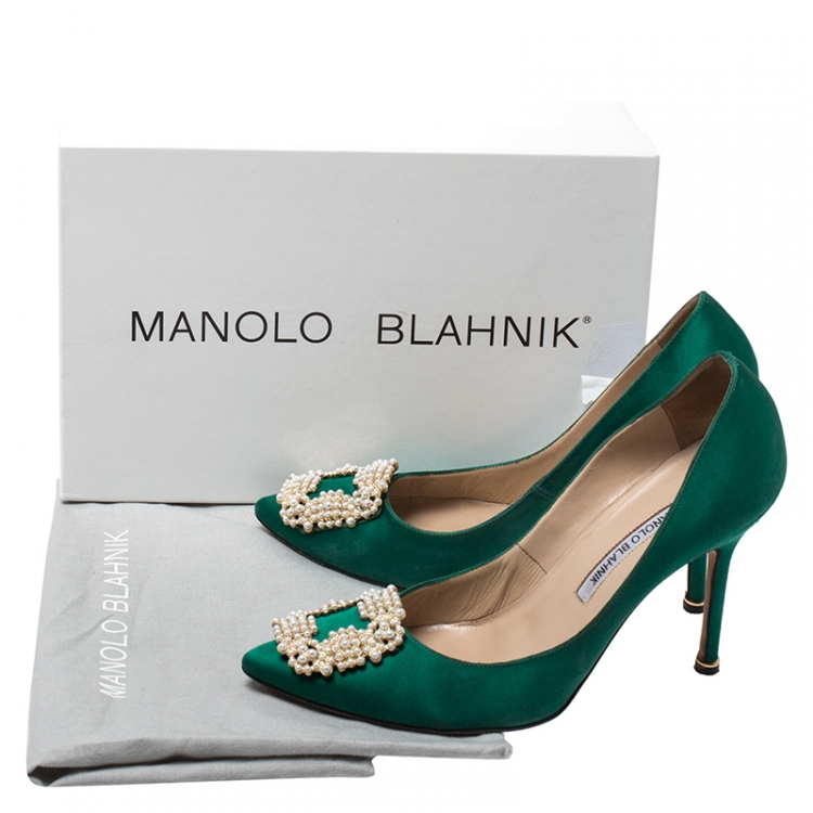 Pre Owned Manolo Blahnik Green Satin Hangisi Embellished Pointed Toe Pumps Size 38.5
