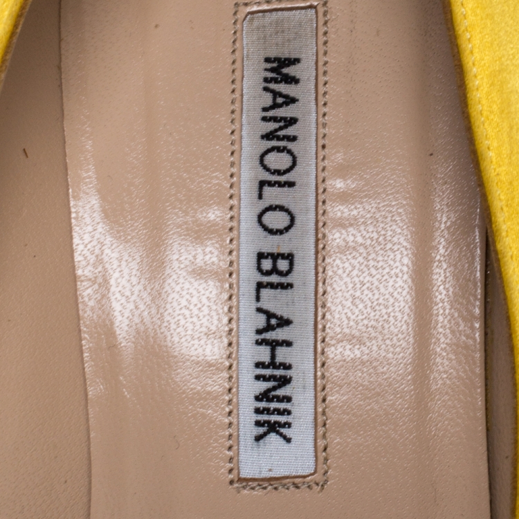 Pre Owned Manolo Blahnik Yellow Satin Hangisi Crystal Embellished Pumps Size 37.5