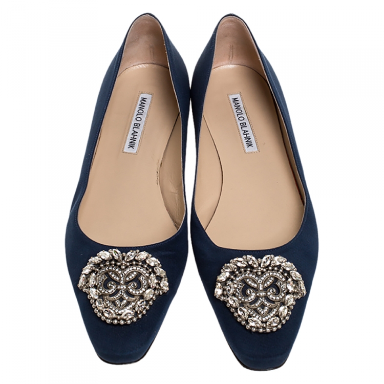 Pre Owned Manolo Blahnik Blue Satin Okkato Crystal Embellished Ballet Flats Size 39