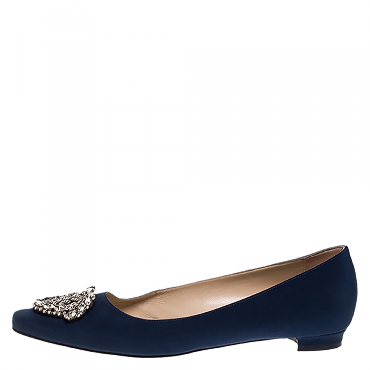 Pre Owned Manolo Blahnik Blue Satin Okkato Crystal Embellished Ballet Flats Size 39