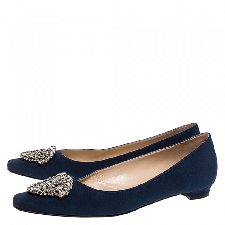 Pre Owned Manolo Blahnik Blue Satin Okkato Crystal Embellished Ballet Flats Size 39