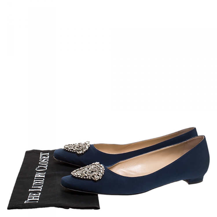 Pre Owned Manolo Blahnik Blue Satin Okkato Crystal Embellished Ballet Flats Size 39
