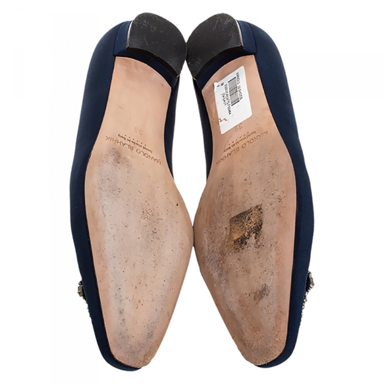 Pre Owned Manolo Blahnik Blue Satin Okkato Crystal Embellished Ballet Flats Size 39