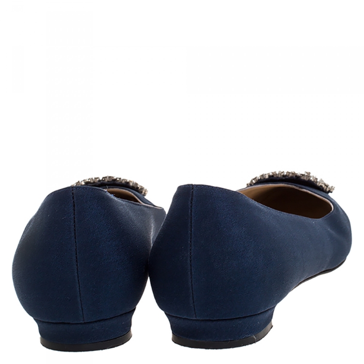 Pre Owned Manolo Blahnik Blue Satin Okkato Crystal Embellished Ballet Flats Size 39