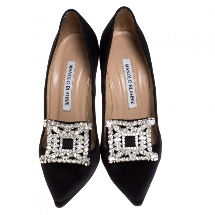 Pre Owned Manolo Blahnik Black Satin Borlak Crystal Embellished Pumps Size 34.5
