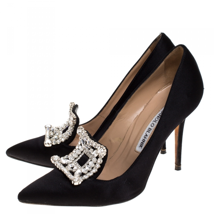 Pre Owned Manolo Blahnik Black Satin Borlak Crystal Embellished Pumps Size 34.5