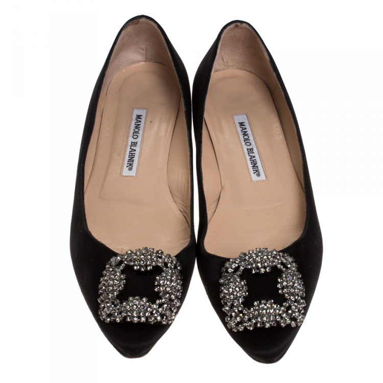 Pre Owned Manolo Blahnik Black Satin Hangisi Crystal Embellished Ballet Flats Size 37.5