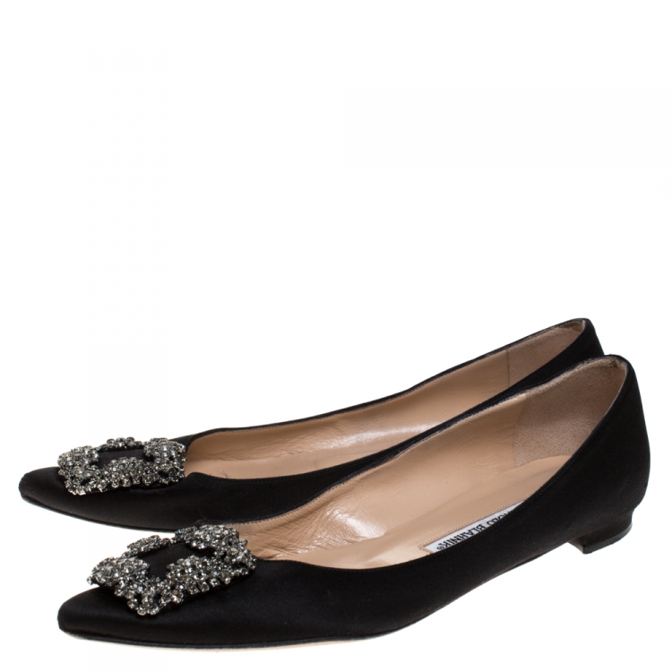 Pre Owned Manolo Blahnik Black Satin Hangisi Crystal Embellished Ballet Flats Size 37.5