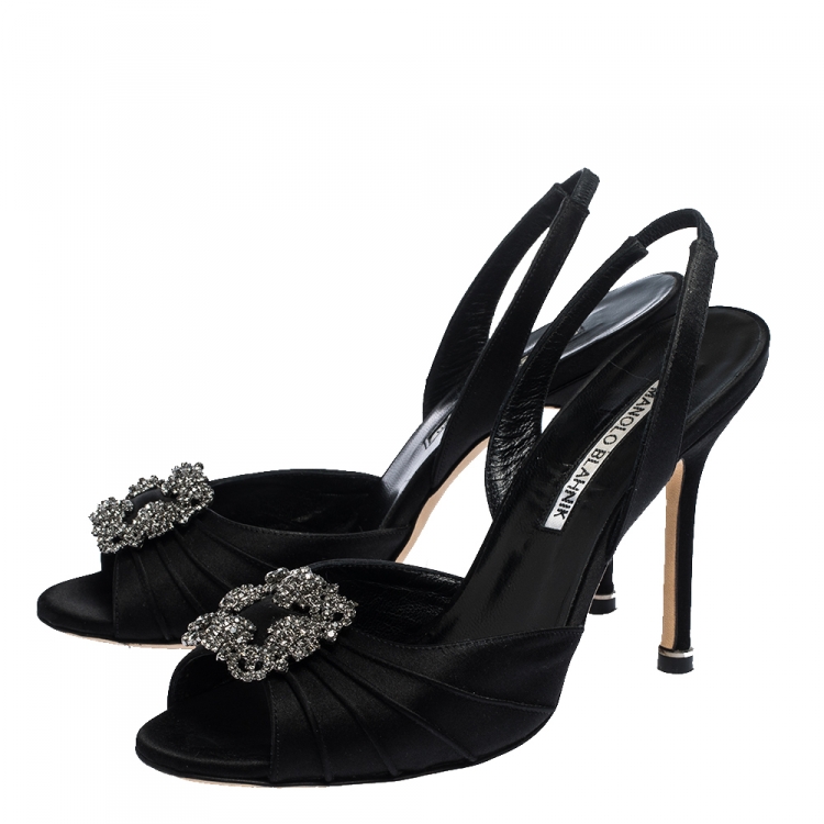 Pre Owned Manolo Blahnik Black Satin Cassia Peep Toe Slingback Sandals Size 36