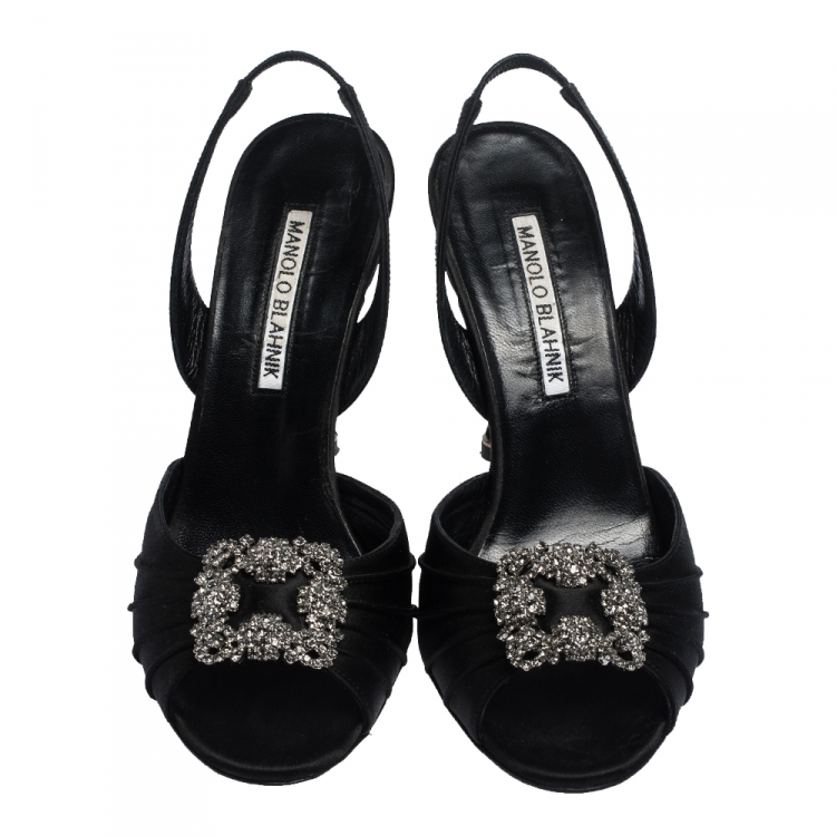 Pre Owned Manolo Blahnik Black Satin Cassia Peep Toe Slingback Sandals Size 36