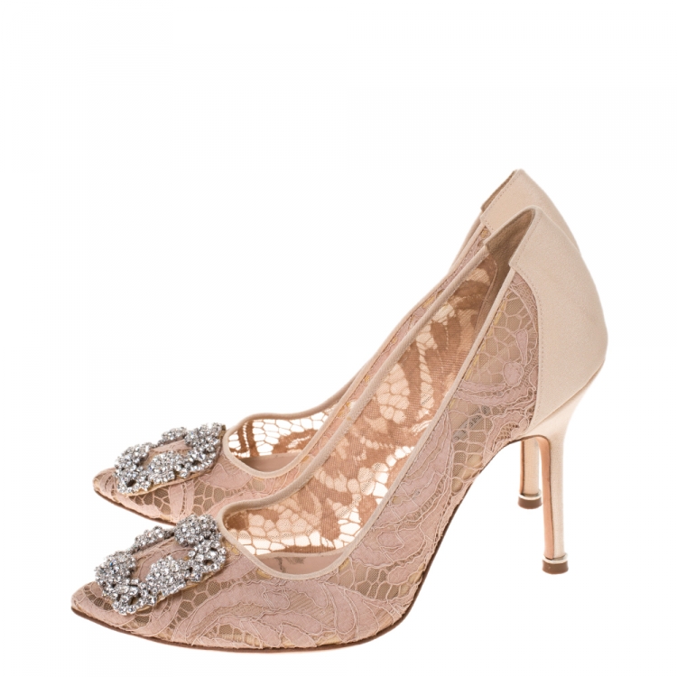 Pre Owned Manolo Blahnik Beige Satin And Lace Hangisi Crystal Embellished Pointed Toe Pumps Size 38