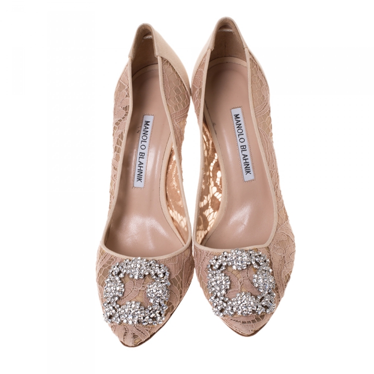 Pre Owned Manolo Blahnik Beige Satin And Lace Hangisi Crystal Embellished Pointed Toe Pumps Size 38