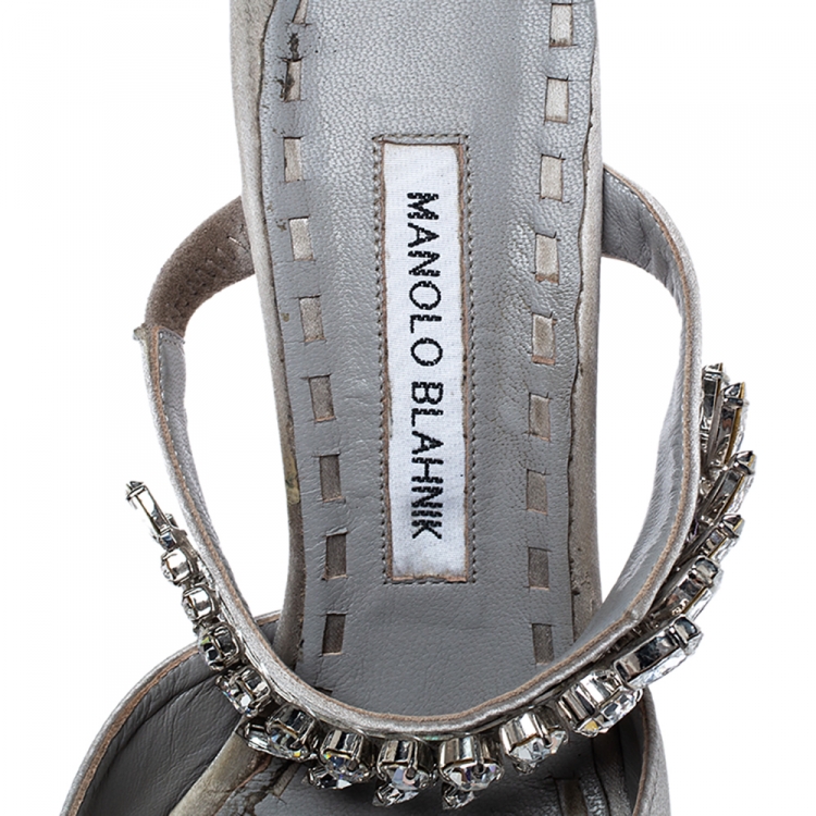 Pre Owned Manolo Blahnik Grey Satin Crystal Embellshed Lurum Sandals Size 38