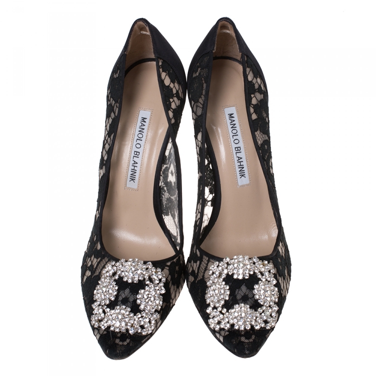 Pre Owned Manolo Blahnik Black Lace and Satin Hangisi Pointed Toe Pumps Size 38