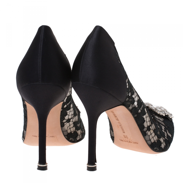 Pre Owned Manolo Blahnik Black Lace and Satin Hangisi Pointed Toe Pumps Size 38