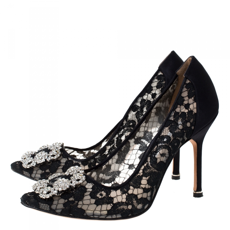 Pre Owned Manolo Blahnik Black Lace and Satin Hangisi Pointed Toe Pumps Size 38