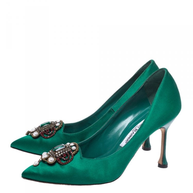Pre Owned Manolo Blahnik Green Satin Eufrasia Pointed Toe Pumps Size 36.5