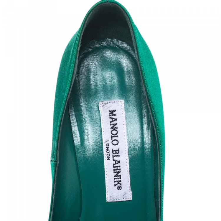 Pre Owned Manolo Blahnik Green Satin Eufrasia Pointed Toe Pumps Size 36.5