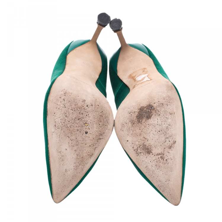 Pre Owned Manolo Blahnik Green Satin Eufrasia Pointed Toe Pumps Size 36.5