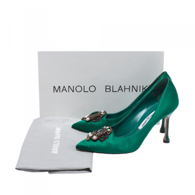 Pre Owned Manolo Blahnik Green Satin Eufrasia Pointed Toe Pumps Size 36.5