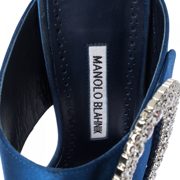 Pre Owned Manolo Blahnik Blue Satin Fibiona Crystal Embellished Mules Size 40