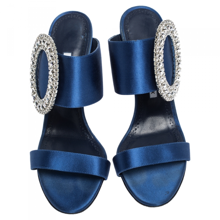Pre Owned Manolo Blahnik Blue Satin Fibiona Crystal Embellished Mules Size 40