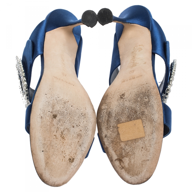 Pre Owned Manolo Blahnik Blue Satin Fibiona Crystal Embellished Mules Size 40