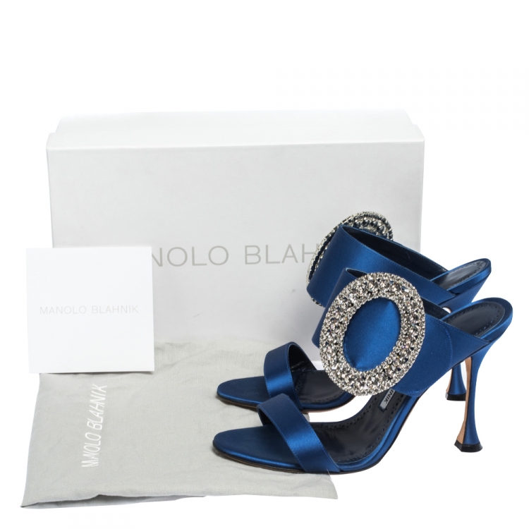 Pre Owned Manolo Blahnik Blue Satin Fibiona Crystal Embellished Mules Size 38