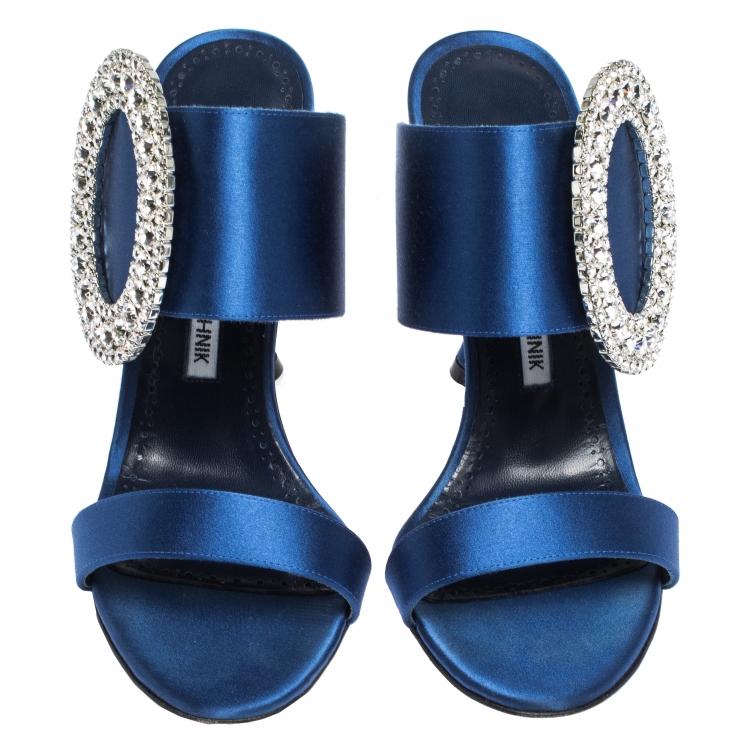 Pre Owned Manolo Blahnik Blue Satin Fibiona Crystal Embellished Mules Size 38