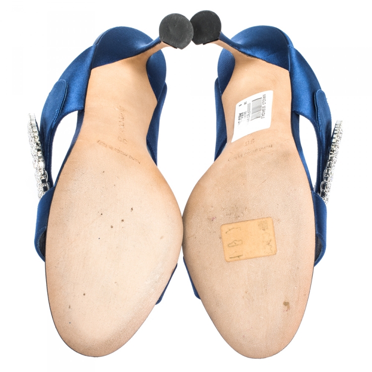 Pre Owned Manolo Blahnik Blue Satin Fibiona Crystal Embellished Mules Size 38