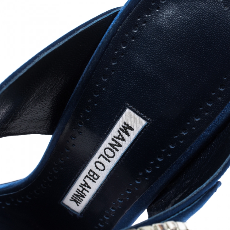 Pre Owned Manolo Blahnik Blue Satin Fibiona Crystal Embellished Mules Size 38