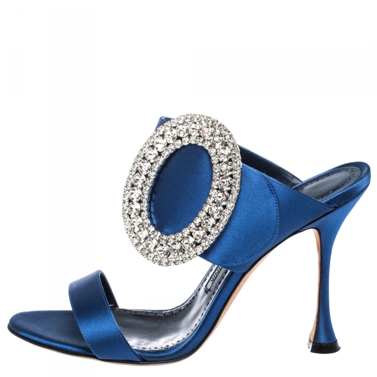 Pre Owned Manolo Blahnik Blue Satin Fibiona Crystal Embellished Mules Size 38