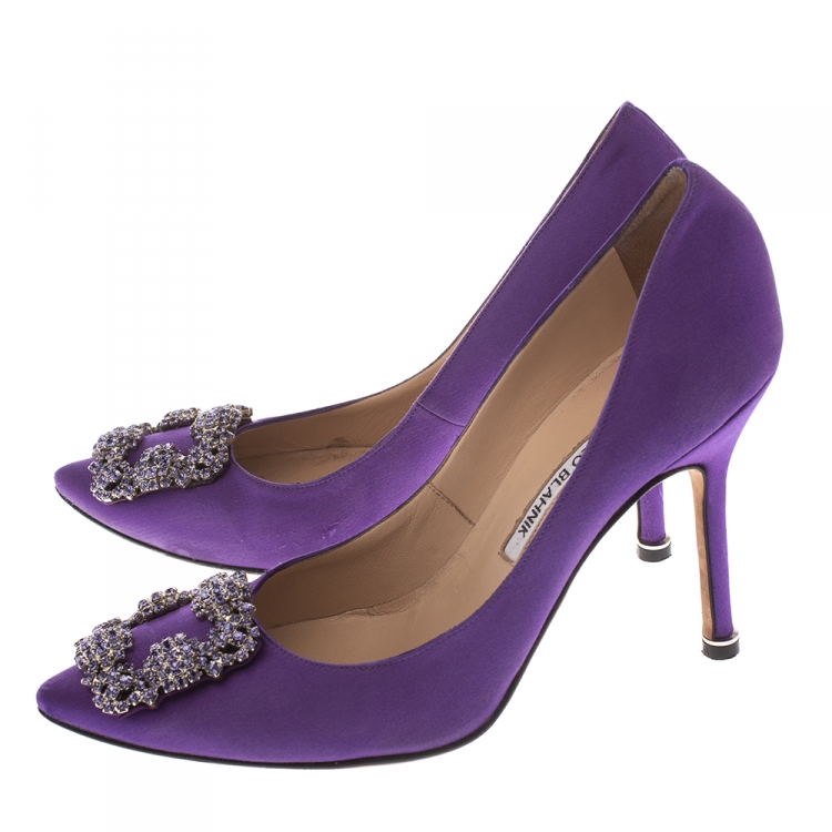 Pre Owned Manolo Blahnik Purple Satin Hangisi Crystal Embellished Pumps Size 36.5