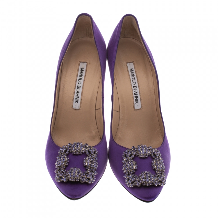Pre Owned Manolo Blahnik Purple Satin Hangisi Crystal Embellished Pumps Size 36.5