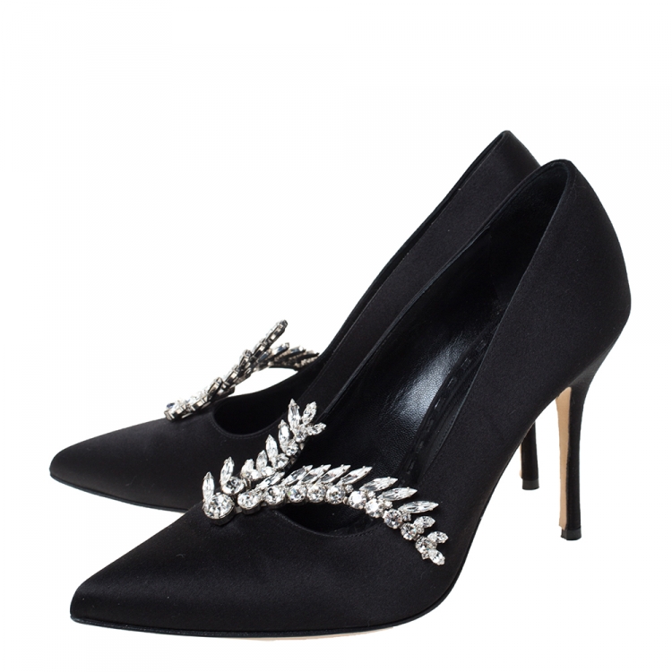 Pre Owned Manolo Blahnik Black Satin Jewel Embellished Shufti Pumps Size 37