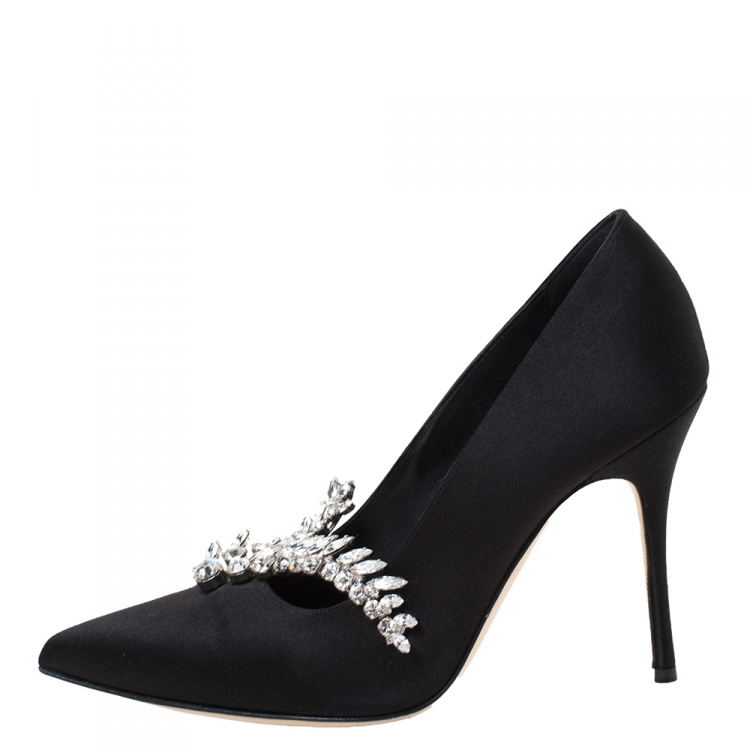 Pre Owned Manolo Blahnik Black Satin Jewel Embellished Shufti Pumps Size 37