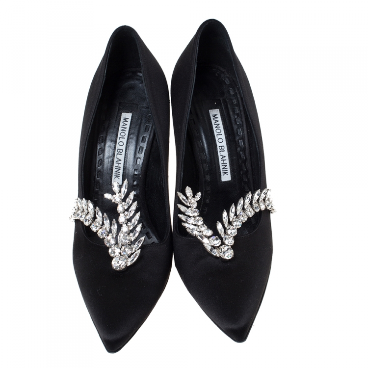 Pre Owned Manolo Blahnik Black Satin Jewel Embellished Shufti Pumps Size 37